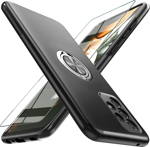 Vista 25 de Funda para Galaxy A13 5G con protector de pantalla (vidrio templado), funda híbrida 2 en 1 protectora delgada y resistente con anillo magnético Negro