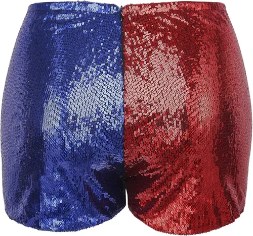 Vista 5 de HDE Pantalones cortos de lentejuelas rojas y azules para mujer de talla grande para disfraz de Halloween Harley Misfit, Azul, metálico, rojo