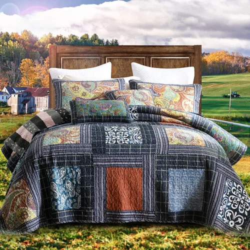 Vista 6 de NEWLAKE Juego de colchas tamaño queen, conjunto de colcha de algodón con diseño de retazos en colores azul y negro con patrones a cuadros, colcha