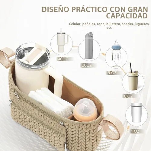 Vista 5 de Organizador de cochecito - Elegante nailon acolchado en espiga 3D, ajuste universal, bolsa desmontable, almacenamiento múltiple ajustable para Beige