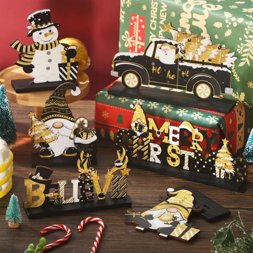 Vista 4 de Capoda 6 piezas de decoración de mesa de Navidad, centros de mesa de Navidad de madera, muñeco de nieve, Papá Noel, gnomo, letreros de Feliz