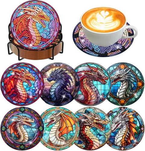 Vista 17 de Meothan Juego de 8 posavasos de arte de diamante para adultos con soporte, almohadillas de corcho, posavasos de arte de puntos de diamante de vidrio