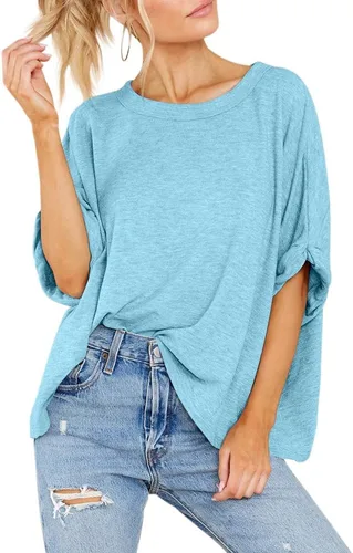Vista 3 de Camiseta de gran tamaño para mujer, de manga corta, holgada, casual, básica, de verano