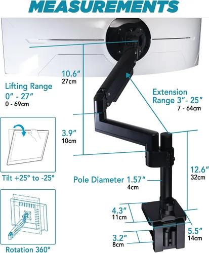 Vista 5 de ULTRARM Brazo de monitor de servicio pesado para monitores ultraanchos de hasta 57" y 44 libras, soporte de escritorio individual, altura ajustable