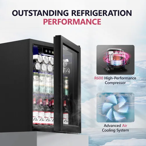 Vista 3 de Icyglee Refrigerador de bebidas, mini refrigerador para 16 botellas y 68 latas con puerta de vidrio, refrigerador independiente de bebidas para vino