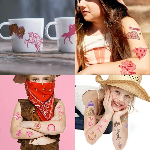 Vista 4 de CHARLENT Tatuajes temporales de vaquera para niños, suministros de fiesta, tatuajes temporales de vaquera occidental para niñas, regalos de fiesta