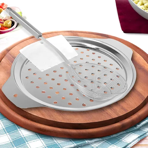 Vista 7 de Spaetzle Maker - Tapa con raspador alemán Spaetzle Dumpling Egg Noodle Maker Tapa de acero inoxidable Spider Colador Skimmer
