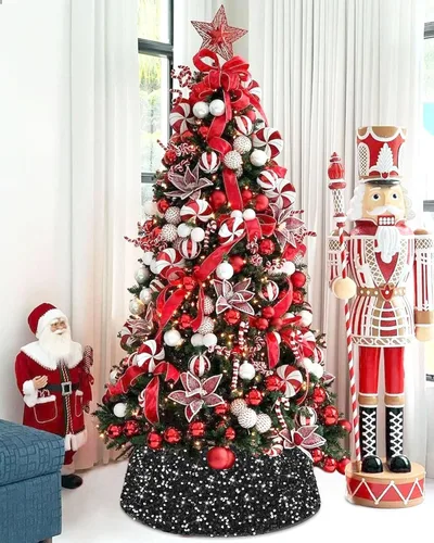 Vista 6 de FUHSY Collar Negro de Árbol de Navidad de 24 Pulgadas, Falda de Árbol de Navidad con Lentejuelas, Terciopelo Metálico, Falda de Árbol de Halloween