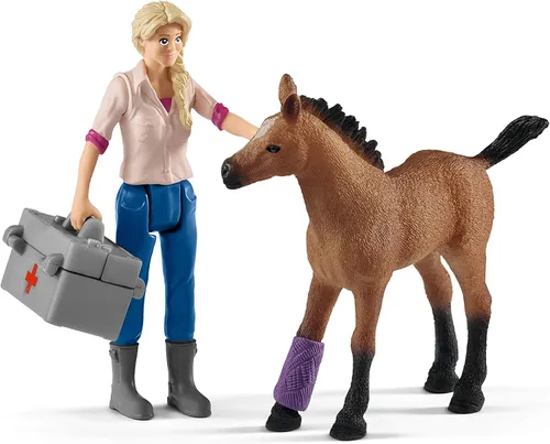 Vista 7 de Schleich Farm World - Juego de 9 piezas de visita veterinaria con figuras de cerdito, yegua y potro, juego detallado y duradero, juego divertido