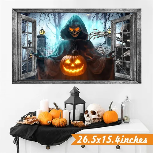Vista 6 de Decoración de pared de Halloween, calcomanías de Halloween 3D para ventana falsa, despegar y pegar, calabazas, esqueleto, murales artísticos