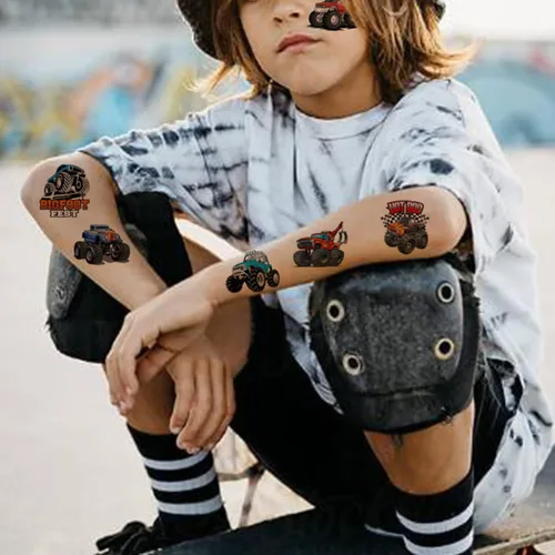 Vista 5 de CHARLENT Tatuajes temporales de Monster Truck para niños, suministros de fiesta – 74 hojas individuales de tatuajes de camión monstruo para niños