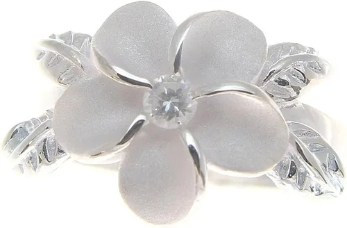 Vista 2 de Arthur's Jewelry Anillo de plata de ley 925 hawaiana de 0.472 in con flor de plumeria, hoja de maile blanca, circonita cúbica talla 1 a 11