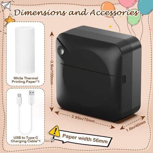 Vista 2 de HuiJuKeJi Mini impresora térmica sin tinta, impresora inteligente de bolsillo Bluetooth con 1 rollo de papel térmico para iOS y Android, impresora