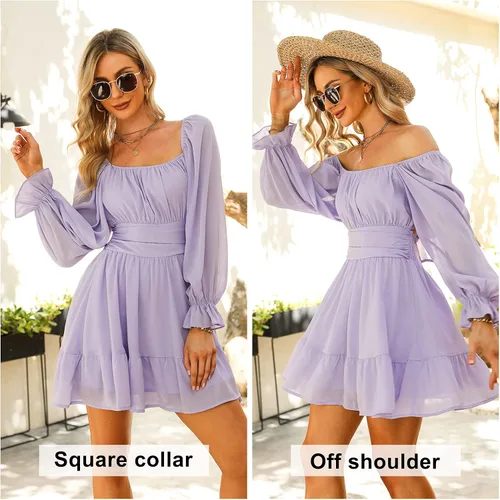 Vista 2 de Exlura - Vestido de manga larga para mujer con cuello cuadrado, holanes, cintura elástica, acampanado, amarre posterior, estilo casual y corto