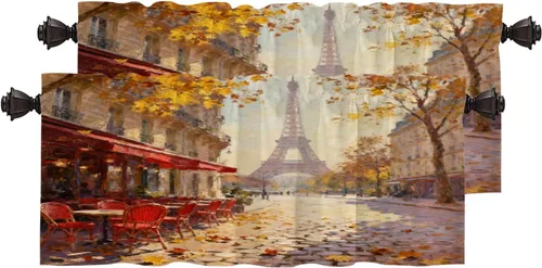 Vista 13 de Cortinas opacas de cocina con pintura al óleo de Europa rosa y negra para ventanas, cenefas opacas modernas de torre Eiffel de poliéster multicapa