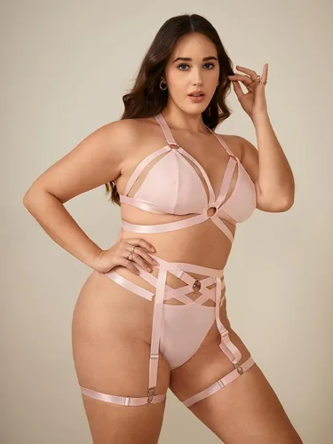 Vista 3 de Verdusa Conjunto de lencería de liguero con arnés de tiras de talla grande para mujer