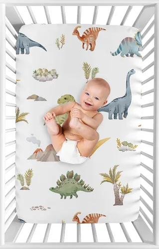 Vista 3 de Sweet Jojo Designs Acuarela Dinosaurio Dino Boy Sábana bajera para cuna para bebé, cuarto de bebé, habitación de recién nacido, portátil, paquete