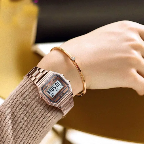 Vista 3 de MASTOP Relojes deportivos digitales de moda para mujer, de lujo, cuadrados, electrónicos, LED, para mujer, Oro