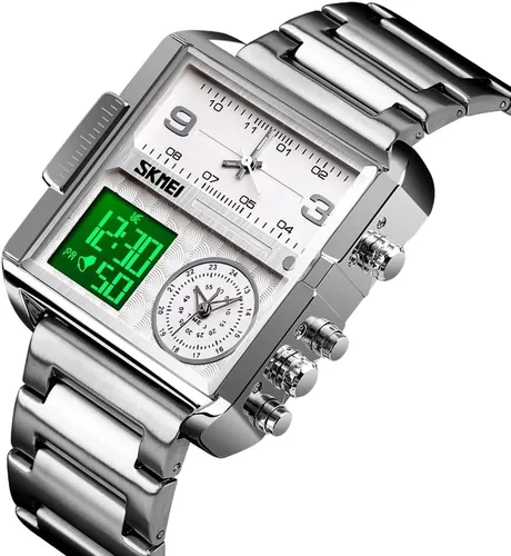 Vista 2 de SKMEI Relojes para hombre, relojes de pulsera cuadrados para hombre, retroiluminación LED, pantalla grande, zona multihoraria, reloj para hombre