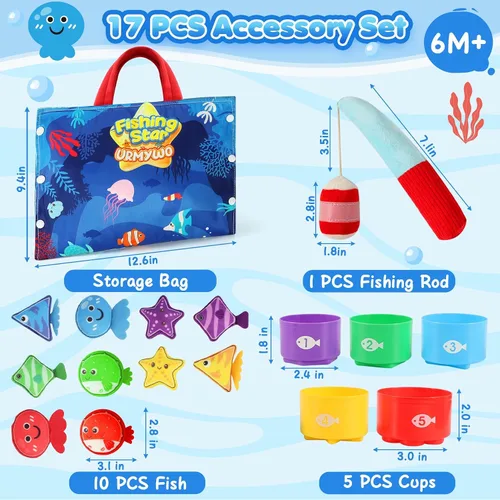 Vista 3 de Juguetes Montessori para niños de 1 año – Juego de pesca de tela para niños pequeños 17 en 1 con vasos apilables clasificación de colores, juguete