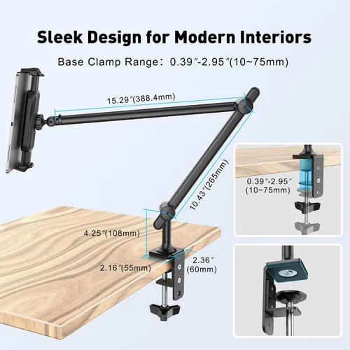 Vista 6 de AboveTEK Soporte para Tablet para Escritorio y Cama, Brazo de Aluminio para iPad con Abrazadera Giratoria de 360°, Soporte para Teléfono Ajustable