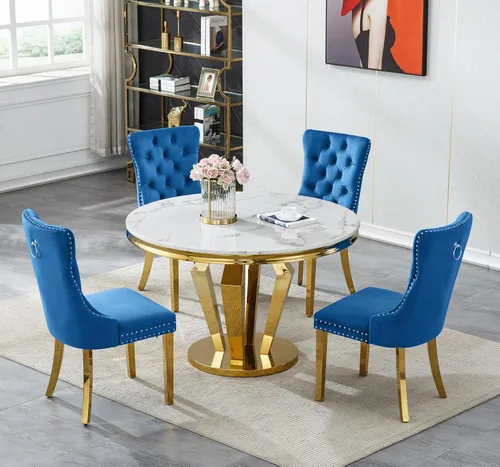 Vista 55 de Juego de mesa de comedor de mármol sintético de oro blanco de 47 pulgadas para 2, juego de mesa de comedor de cocina de 3 piezas, juego de mesa
