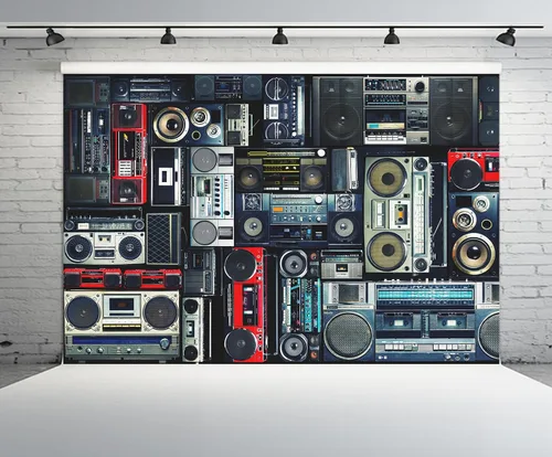 Vista 2 de Telón de fondo vintage de los años 80 de 7 x 5 pies, pared retro llena de radio Boombox de los 80 estilo fondo para amplificador antiguo de video