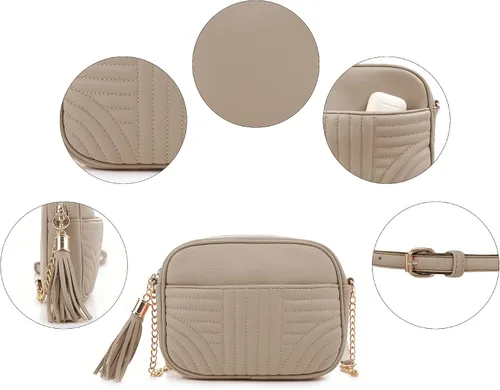 Vista 6 de EVVE Bolsos cruzados acolchados para mujer, elegante bolsa para cámara con borla, bolso de hombro ligero de tamaño mediano