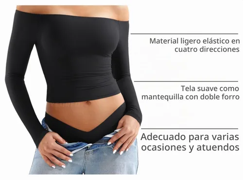 Vista 4 de YEOREO Sophie - Camisetas básicas de manga larga con hombros descubiertos para mujer, con doble forro, para salir Y2K Negro
