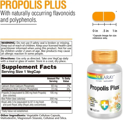 Vista 2 de SOLARAY Propolis Plus - Suplemento de apoyo inmunológico, 90 cápsulas vegetales