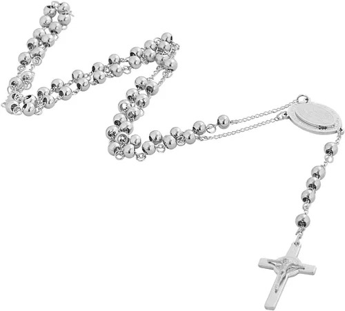 Vista 3 de My Daily Styles Rosario católico para hombre Colgante de crucifijo con medalla de la Virgen de Guadalupe Collar religioso de acero inoxidable