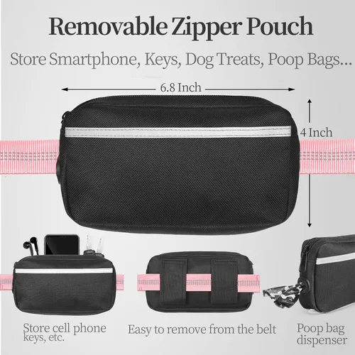Vista 3 de iYoShop Correa de perro manos libres con bolsa con cierre, dobles asas acolchadas y elástica duradera para caminar, trotar y correr con tu perro