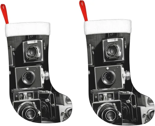 Vista 9 de Retro Cool Camera Collection - Calcetines de Navidad colgantes para decoración navideña, calcetines de Navidad de terciopelo de 18 pulgadas con puño