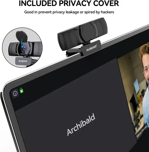Vista 7 de AUSDOM Cámara web AF640 1080P con micrófono, cámara de PC USB 90 ° FOV con cubierta de privacidad, cámara de computadora Plug and Play para llamadas