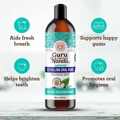 Vista 4 de GuruNanda Aceite de coco para jalar, aliento fresco y blanqueamiento bucal, 16 onzas líquidas y tiras blanqueadoras de dientes GuruNanda