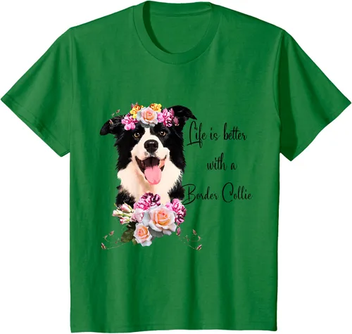 Vista 52 de Life is Better With a Border Collie - Camiseta de perro lindo con flores, gris, S Gris Oscuro