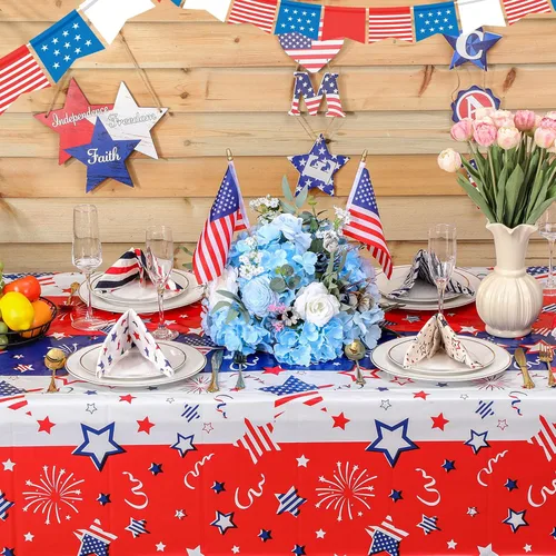 Vista 2 de Buryeah 3 Pcs Patriotic Tablecloth 54 x 108 Inch Plastic Tablecloth Red White Blue American Flag Rectangular Table Covers for 4th of July Memorial