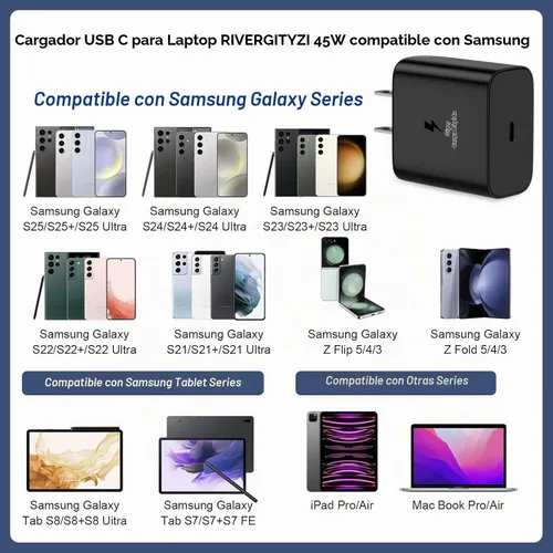 Vista 5 de Cargador rápido USB C de 45 W compatible con cargador Samsung con cable de carga tipo C de 6 pies compatible con Samsung Galaxy S25