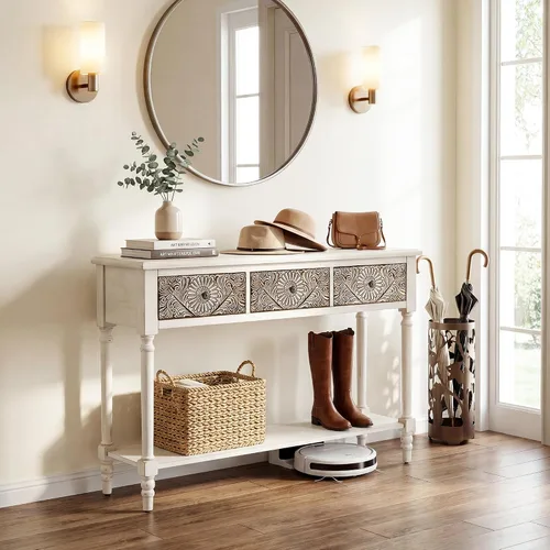 Vista 10 de HOMPUS Mesa consola con 2 cajones y 1 estante, mesa de entrada rectangular estrecha, mesa de sofá decorativa antigua y contemporánea para sala