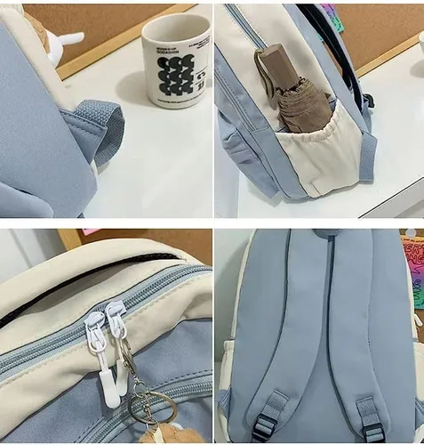 Vista 6 de Mochila estética linda Kawaii con colgante de 15.6 pulgadas, linda mochila universitaria para computadora portátil, mochila preparada, Negro