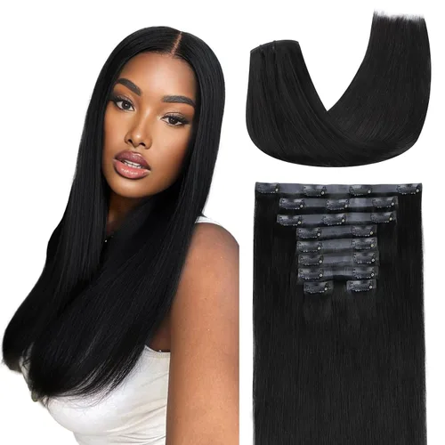 Vista 17 de Lashey Extensiones de cabello humano con clip, sin costuras, #1, color negro azabache, extensiones de cabello humano real, extensiones de cabello