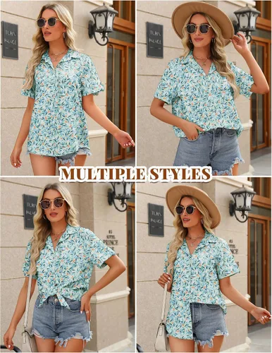 Vista 2 de HOTOUCH Camisa con botones para mujer, de algodón, de manga corta, cuello en V, con botones, para verano y playa