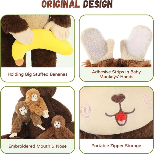 Vista 6 de MaoGoLan Mono gigante de peluche con bebés, juguete de peluche suave con plátano regalo para niños, niñas, niños, mamá y 3 bebés pequeños colgantes