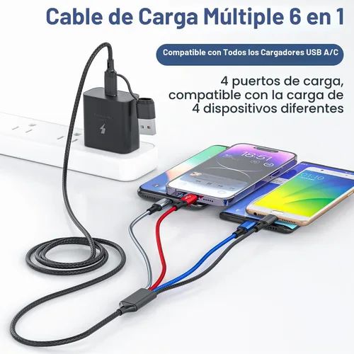 Vista 2 de Cable de carga múltiple 6 en 1, paquete de 2 cables USB de 6 pies, cable de carga 3A, cable de carga USB universal A/C trenzado con 2 puertos