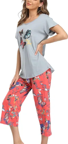 Vista 3 de ENJOYNIGHT - Conjunto de pijama de algodón para mujer, pijama de manga corta y pantalones capri, ropa de dormir de 2 piezas