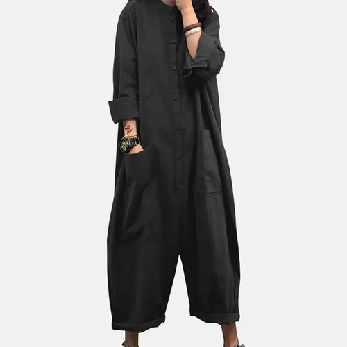 Vista 2 de Overol de moda para mujer, de manga larga, con botones, casual, holgado, holgado, color sólido