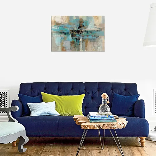 Vista 3 de DZL Art A74769 - Impresiones en lienzo abstractas para pared, pinturas artísticas azules y marrones, lienzo estirado de madera, enmarcado para sala