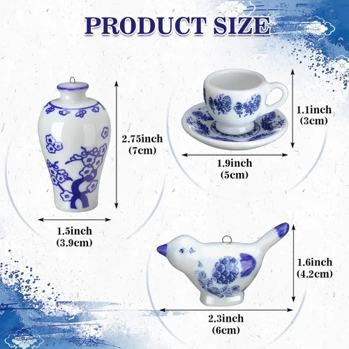 Vista 2 de Funtery Adornos de porcelana azul y blanca de 9 piezas, colgantes colgantes de calabaza de otoño de Chinoiserie, adornos de cerámica para árbol