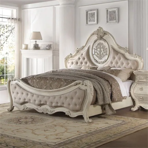Vista 2 de ACME Ragenardus - Cama Queen - 27010Q - Lino beige y blanco antiguo