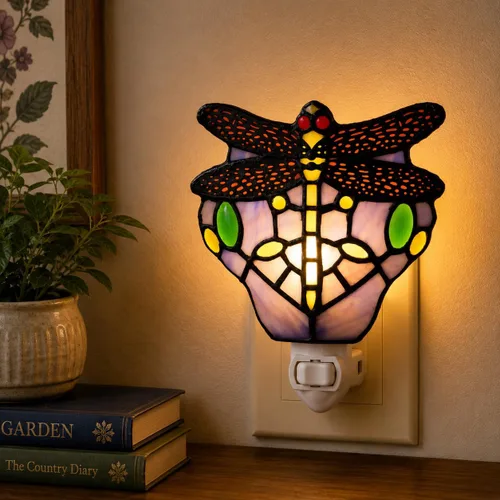 Vista 2 de Bieye L10931 - Lámpara de pared estilo Tiffany con vitral de libélula y enchufe para luz nocturna para decoración del hogar (Azul)